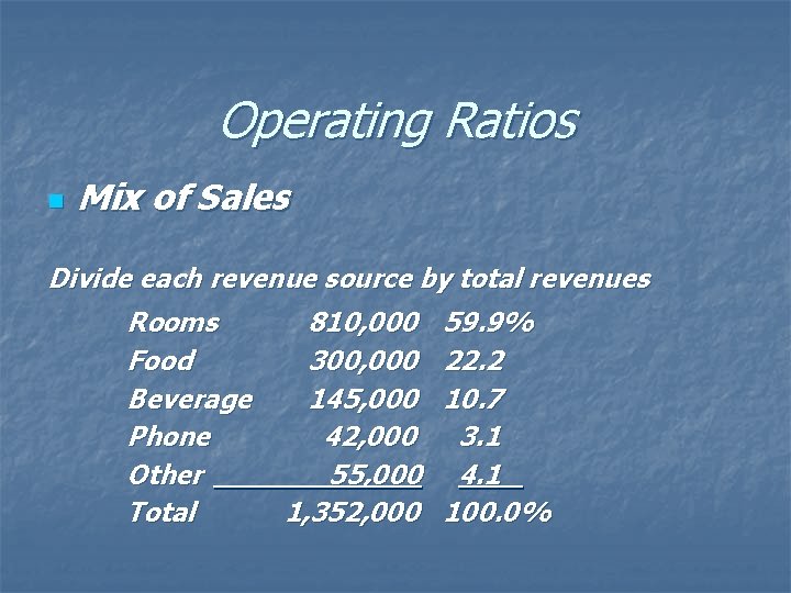 Operating Ratios n Mix of Sales Divide each revenue source by total revenues Rooms