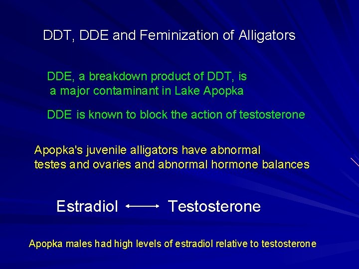 DDT, DDE and Feminization of Alligators DDE, a breakdown product of DDT, is a