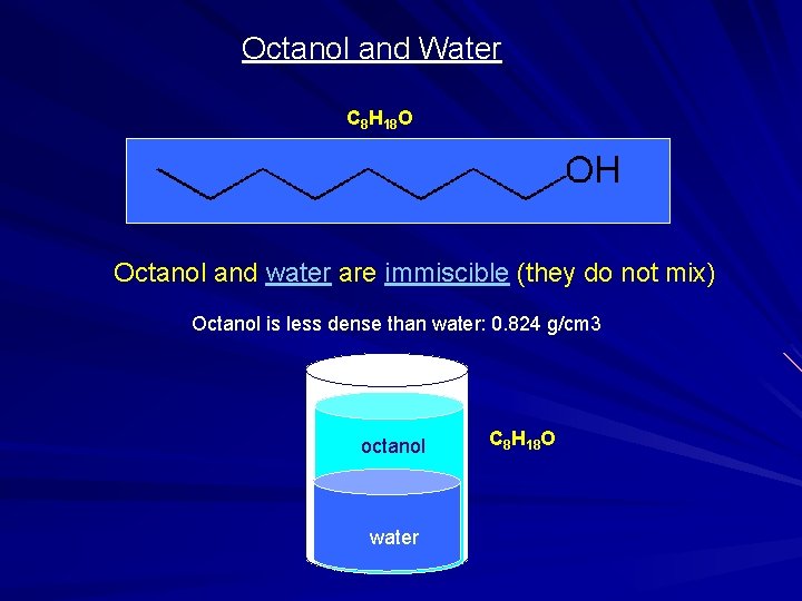 Octanol and Water C 8 H 18 O Octanol and water are immiscible (they