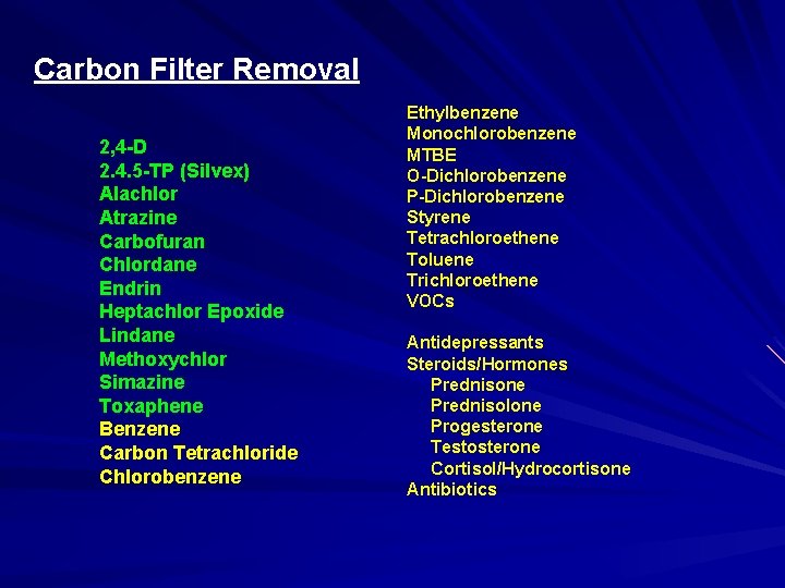 Carbon Filter Removal 2, 4 -D 2. 4. 5 -TP (Silvex) Alachlor Atrazine Carbofuran