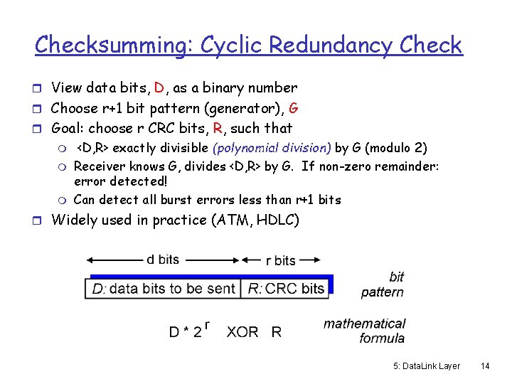 Checksumming: Cyclic Redundancy Check r View data bits, D, as a binary number r