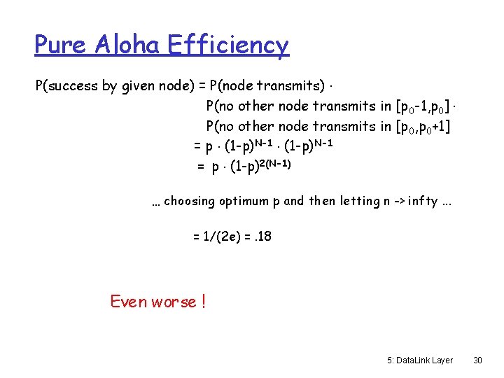 Pure Aloha Efficiency P(success by given node) = P(node transmits). P(no other node transmits