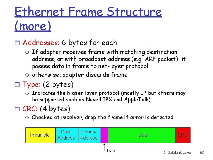 Ethernet Frame Structure (more) r Addresses: 6 bytes for each m If adapter receives