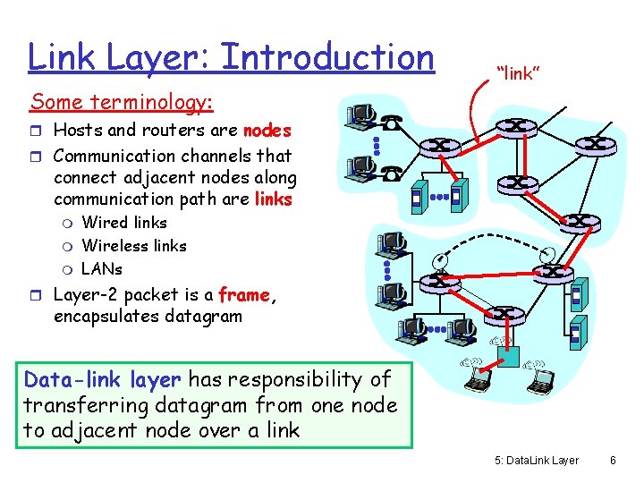 Link Layer: Introduction “link” Some terminology: r Hosts and routers are nodes r Communication