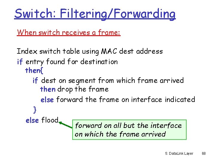 Switch: Filtering/Forwarding When switch receives a frame: Index switch table using MAC dest address