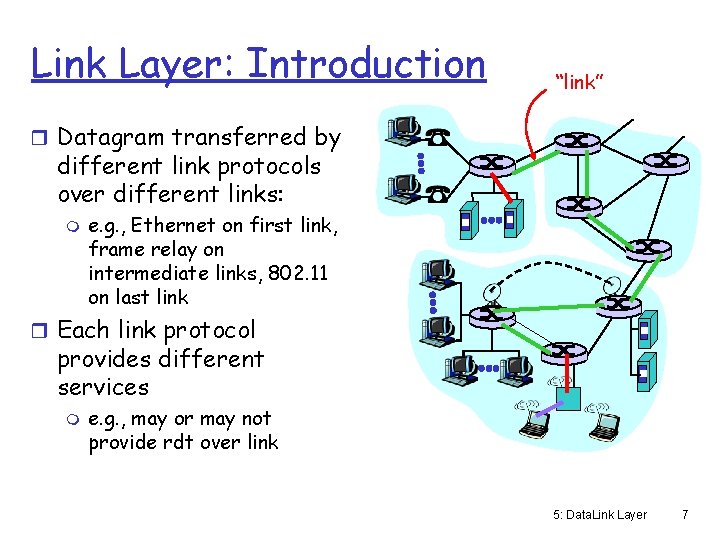 Link Layer: Introduction “link” r Datagram transferred by different link protocols over different links: