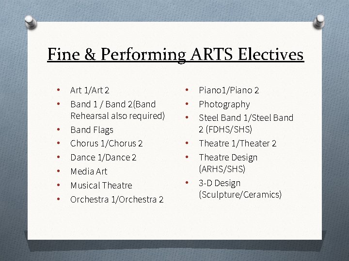 Fine & Performing ARTS Electives • • Art 1/Art 2 Band 1 / Band