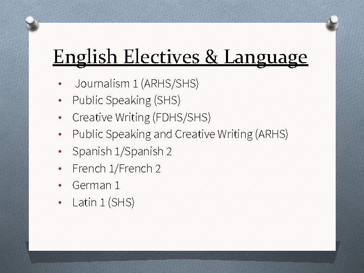 English Electives & Language • • Journalism 1 (ARHS/SHS) Public Speaking (SHS) Creative Writing