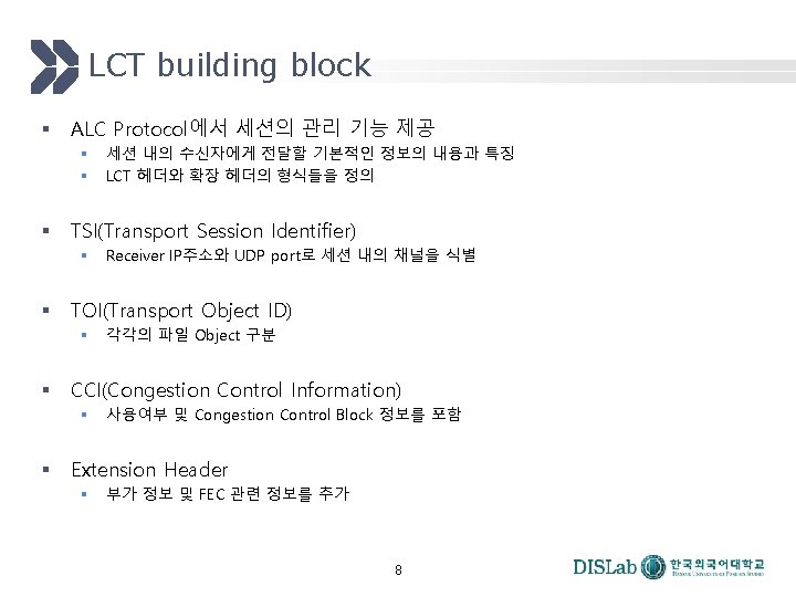 LCT building block § ALC Protocol에서 세션의 관리 기능 제공 § § § TSI(Transport LCT building block § ALC Protocol에서 세션의 관리 기능 제공 § § § TSI(Transport