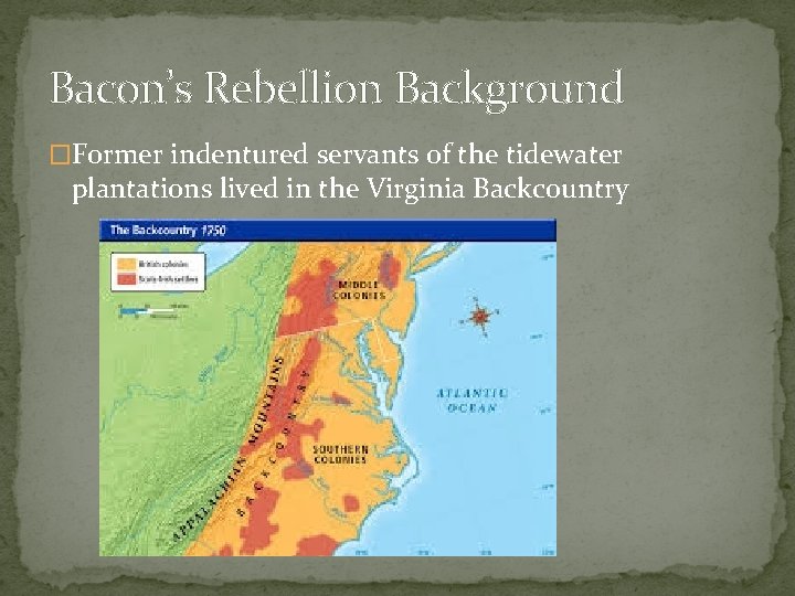 Bacon’s Rebellion Background �Former indentured servants of the tidewater plantations lived in the Virginia