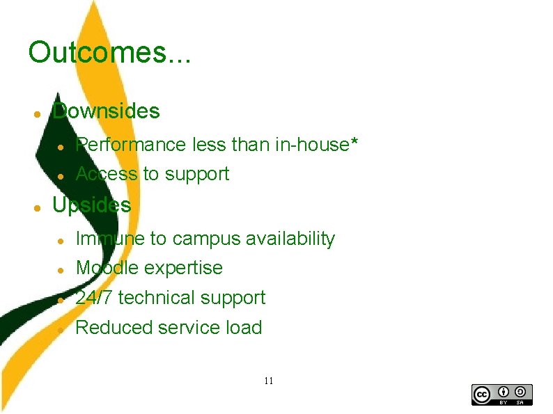 Outcomes. . . Downsides Performance less than in-house* Access to support Upsides Immune to