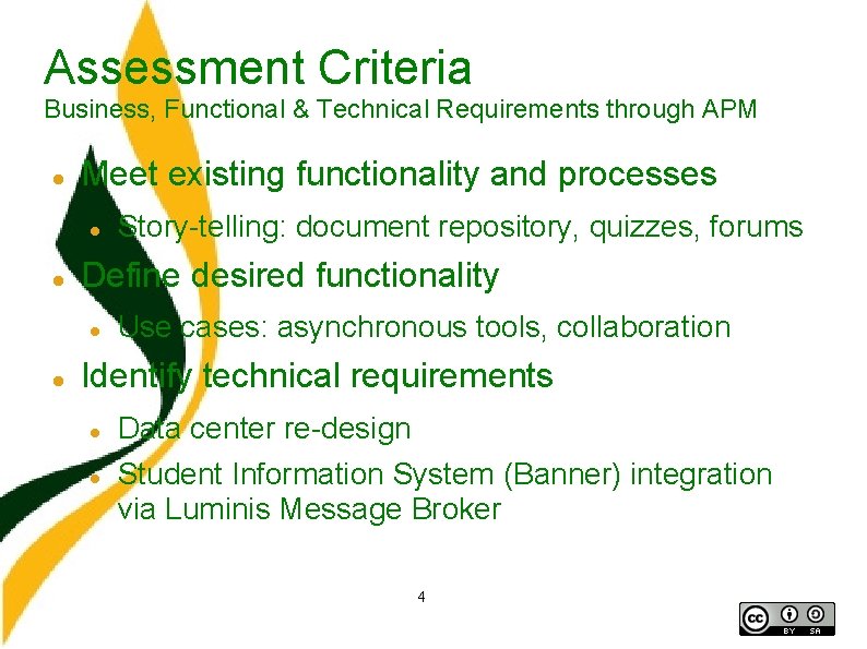 Assessment Criteria Business, Functional & Technical Requirements through APM Meet existing functionality and processes