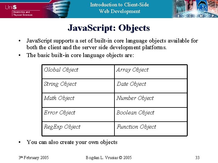 Introduction to Client-Side Web Development Java. Script: Objects • Java. Script supports a set