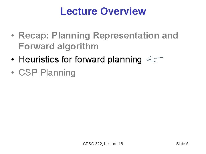 Lecture Overview • Recap: Planning Representation and Forward algorithm • Heuristics forward planning •