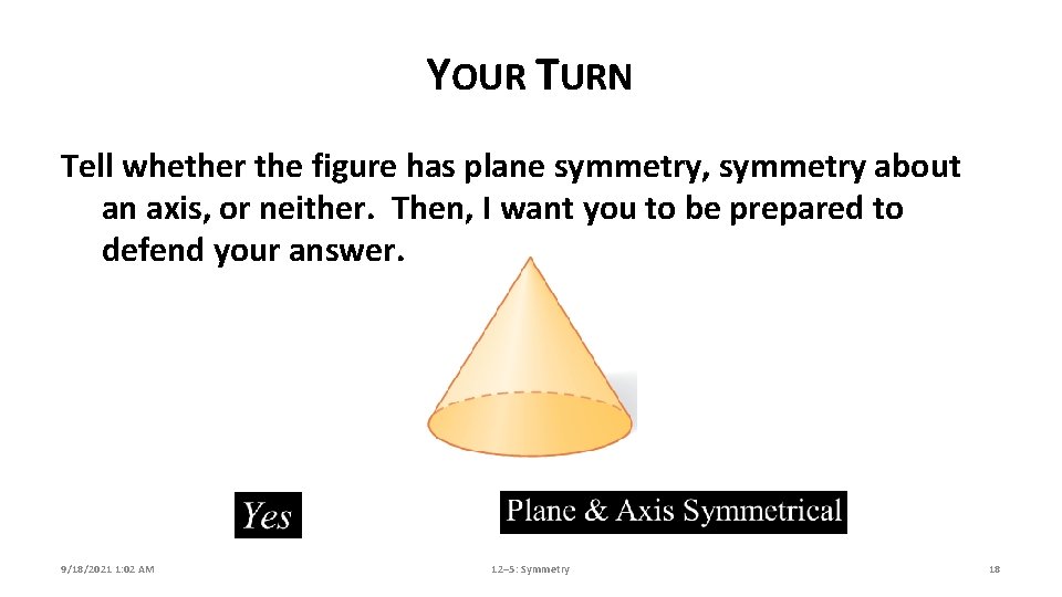 YOUR TURN Tell whether the figure has plane symmetry, symmetry about an axis, or