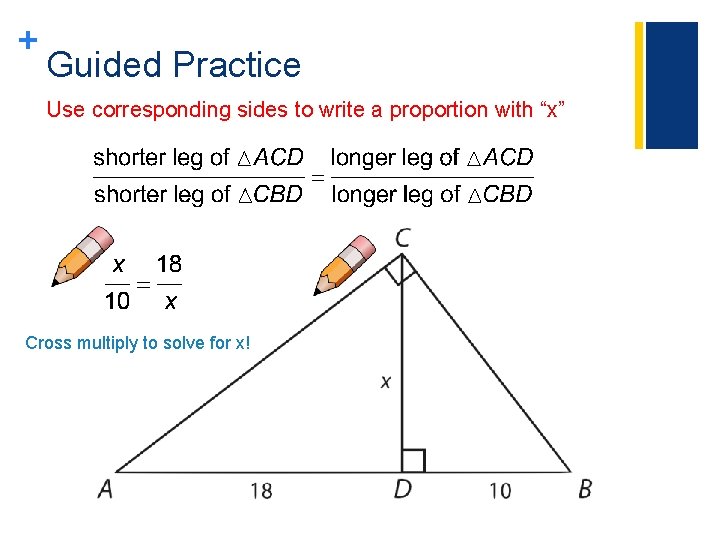 + Guided Practice Use corresponding sides to write a proportion with “x” Cross multiply