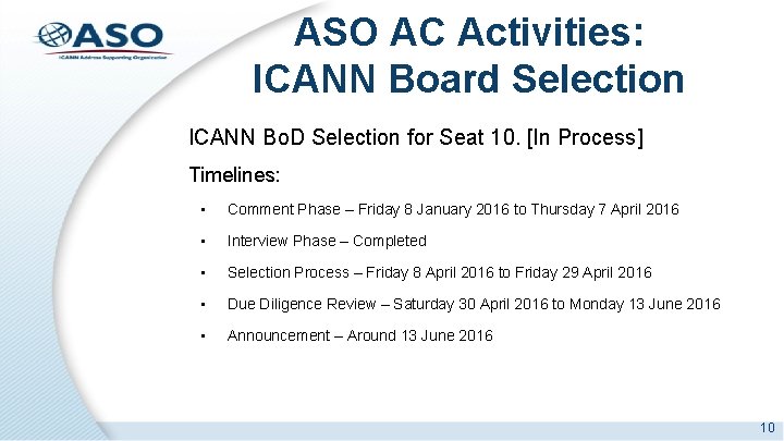 ASO AC Activities: ICANN Board Selection ICANN Bo. D Selection for Seat 10. [In