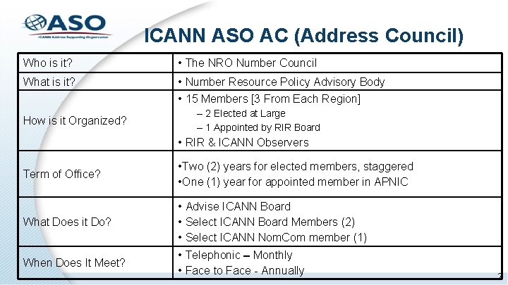 ICANN ASO AC (Address Council) Who is it? • The NRO Number Council What