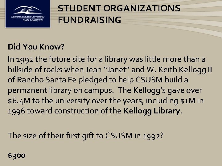 STUDENT ORGANIZATIONS FUNDRAISING Did You Know? In 1992 the future site for a library