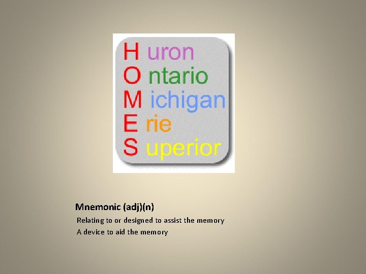 Mnemonic (adj)(n) Relating to or designed to assist the memory A device to aid