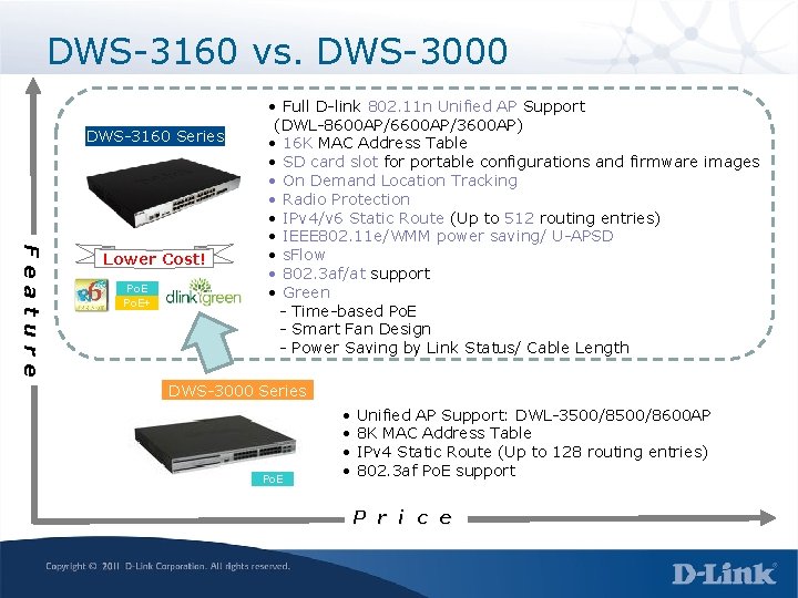 DWS-3160 vs. DWS-3000 DWS-3160 Series Feature Lower Cost! Po. E+ • Full D-link 802.