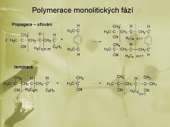 Polymerace monolitických fází Propagace – síťování terminace 