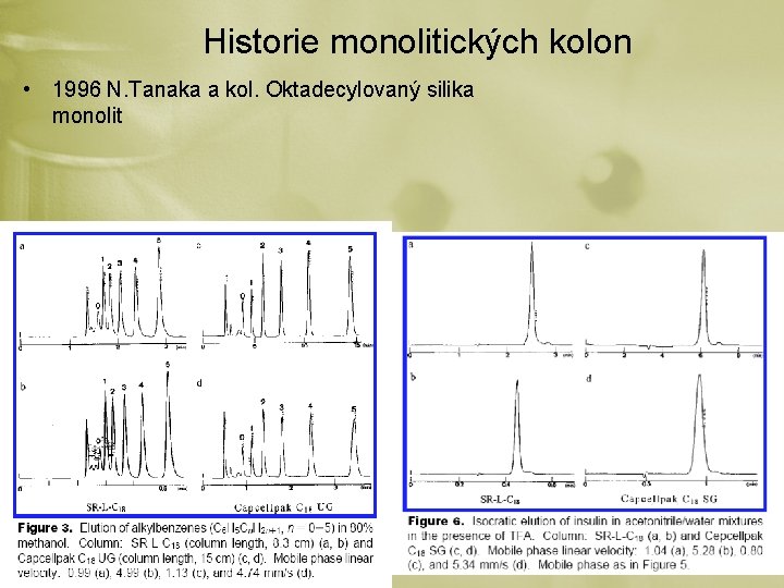 Historie monolitických kolon • 1996 N. Tanaka a kol. Oktadecylovaný silika monolit 