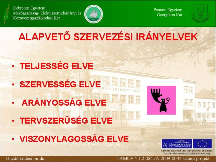 ALAPVETŐ SZERVEZÉSI IRÁNYELVEK • TELJESSÉG ELVE • SZERVESSÉG ELVE • ARÁNYOSSÁG ELVE • TERVSZERŰSÉG