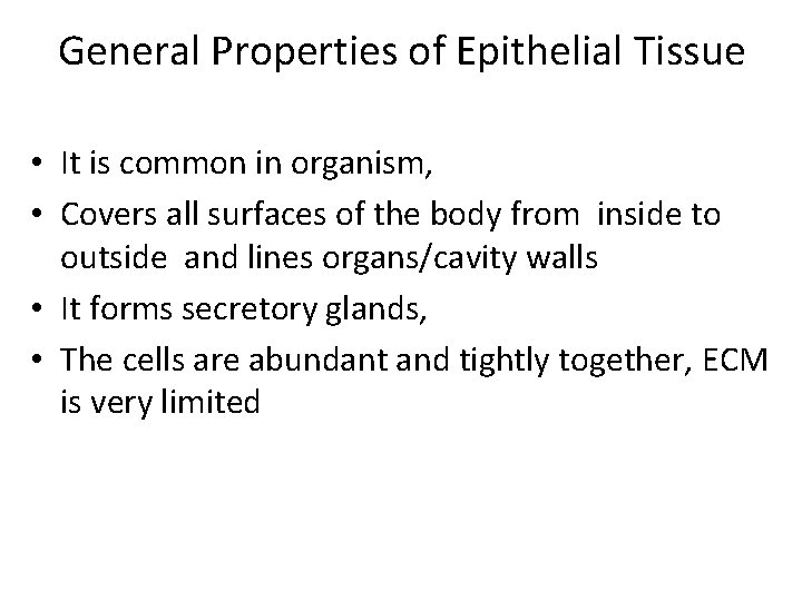 General Properties of Epithelial Tissue • It is common in organism, • Covers all