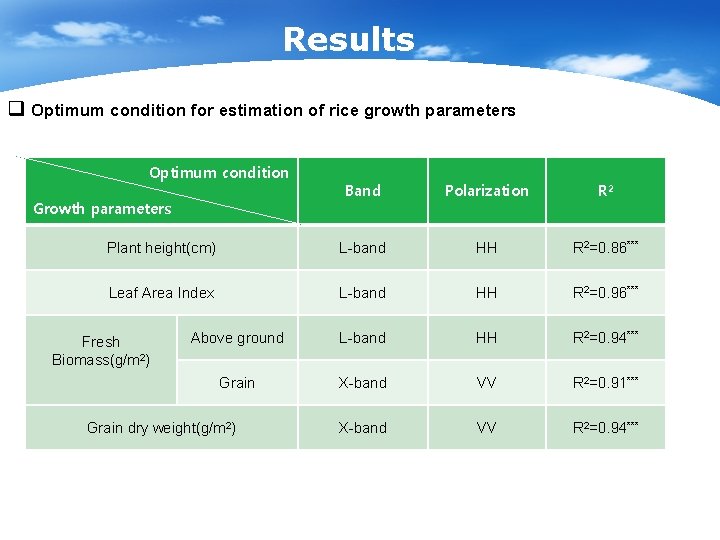 Results q Optimum condition for estimation of rice growth parameters Optimum condition Band Polarization