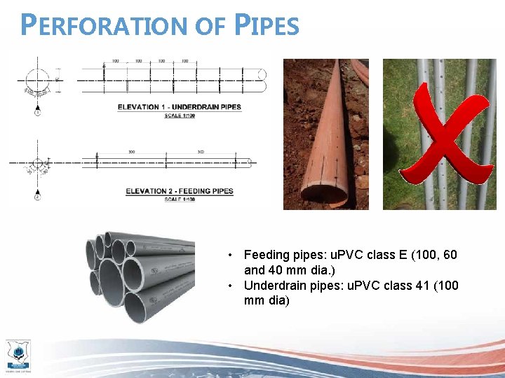 PERFORATION OF PIPES • Feeding pipes: u. PVC class E (100, 60 and 40