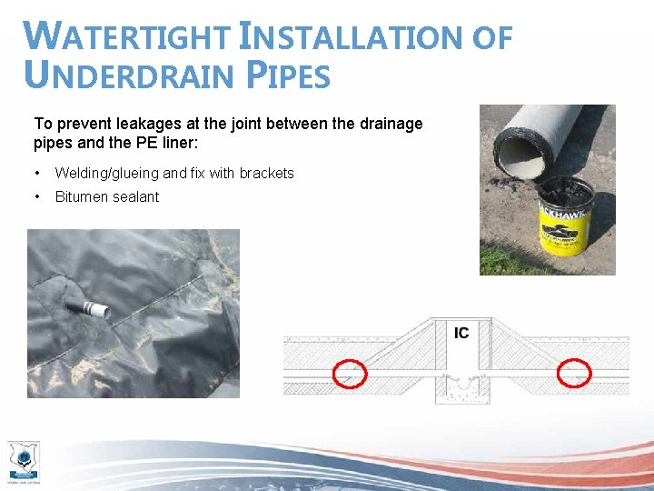 WATERTIGHT INSTALLATION OF UNDERDRAIN PIPES To prevent leakages at the joint between the drainage
