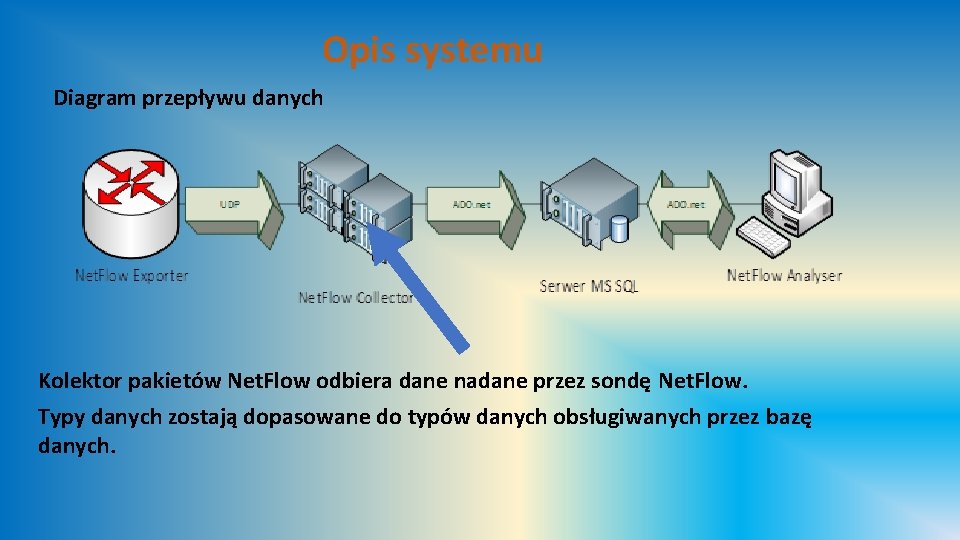 Opis systemu Diagram przepływu danych Kolektor pakietów Net. Flow odbiera dane nadane przez sondę