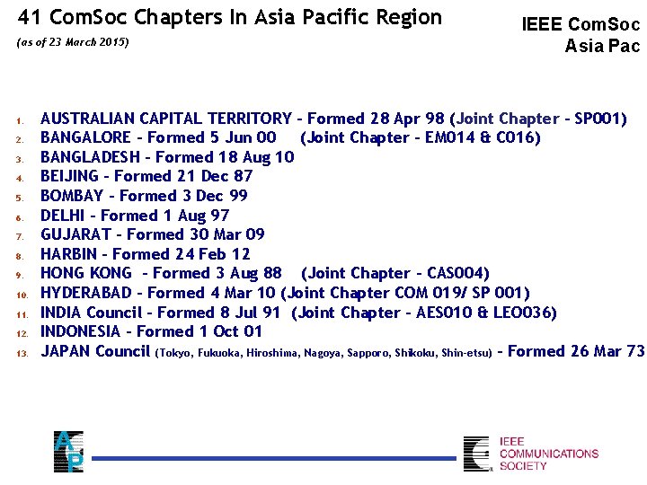 41 Com. Soc Chapters In Asia Pacific Region (as of 23 March 2015) 1.