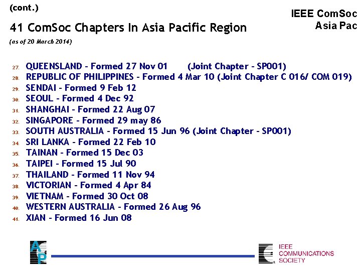 (cont. ) 41 Com. Soc Chapters In Asia Pacific Region IEEE Com. Soc Asia