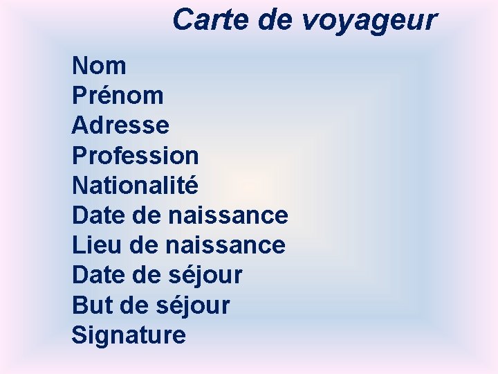 Carte de voyageur Nom Prénom Adresse Profession Nationalité Date de naissance Lieu de naissance