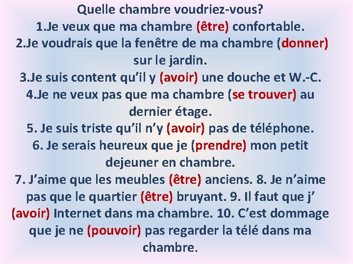 Quelle chambre voudriez-vous? 1. Je veux que ma chambre (être) confortable. 2. Je voudrais