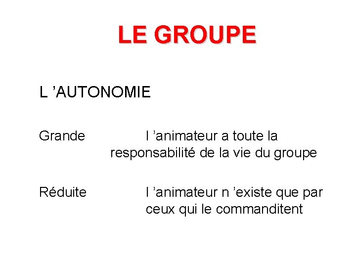 LE GROUPE L ’AUTONOMIE Grande Réduite l ’animateur a toute la responsabilité de la