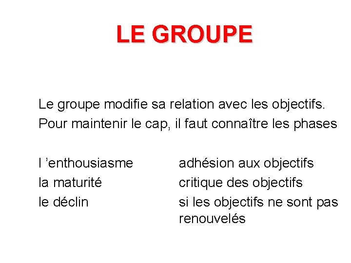 LE GROUPE Le groupe modifie sa relation avec les objectifs. Pour maintenir le cap,