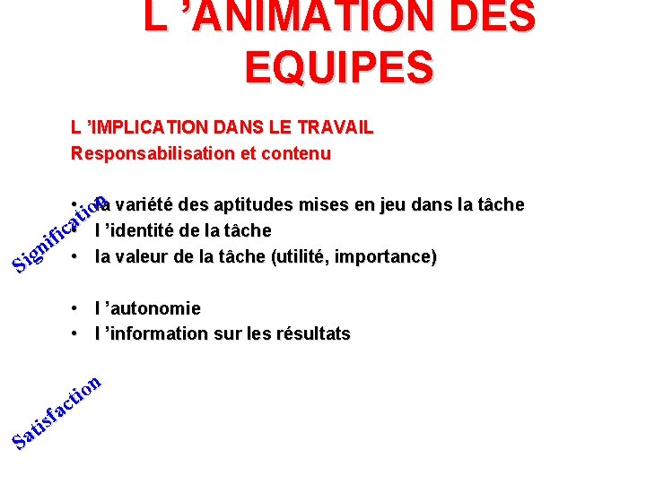 L ’ANIMATION DES EQUIPES L ’IMPLICATION DANS LE TRAVAIL Responsabilisation et contenu n variété