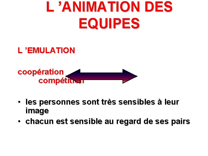 L ’ANIMATION DES EQUIPES L ’EMULATION coopération compétition • les personnes sont très sensibles