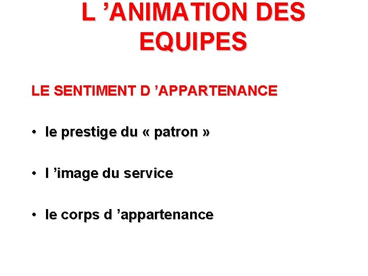 L ’ANIMATION DES EQUIPES LE SENTIMENT D ’APPARTENANCE • le prestige du « patron