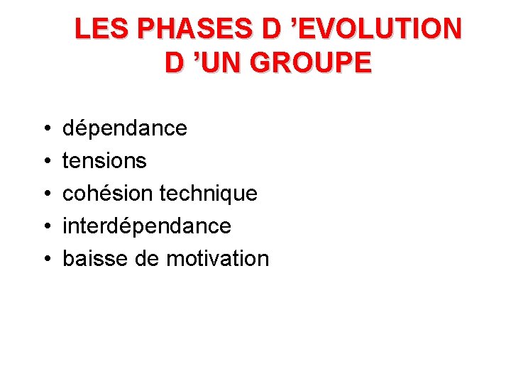 LES PHASES D ’EVOLUTION D ’UN GROUPE • • • dépendance tensions cohésion technique