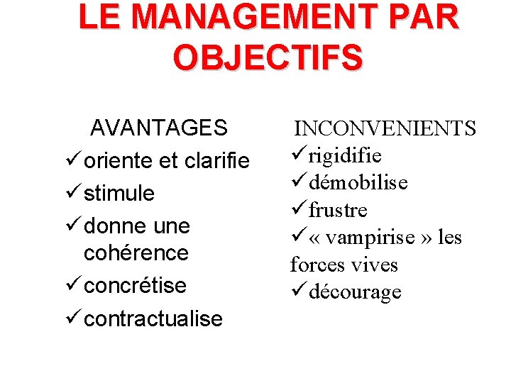 LE MANAGEMENT PAR OBJECTIFS AVANTAGES ü oriente et clarifie ü stimule ü donne une