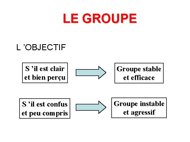 LE GROUPE L ’OBJECTIF S ’il est clair et bien perçu Groupe stable et