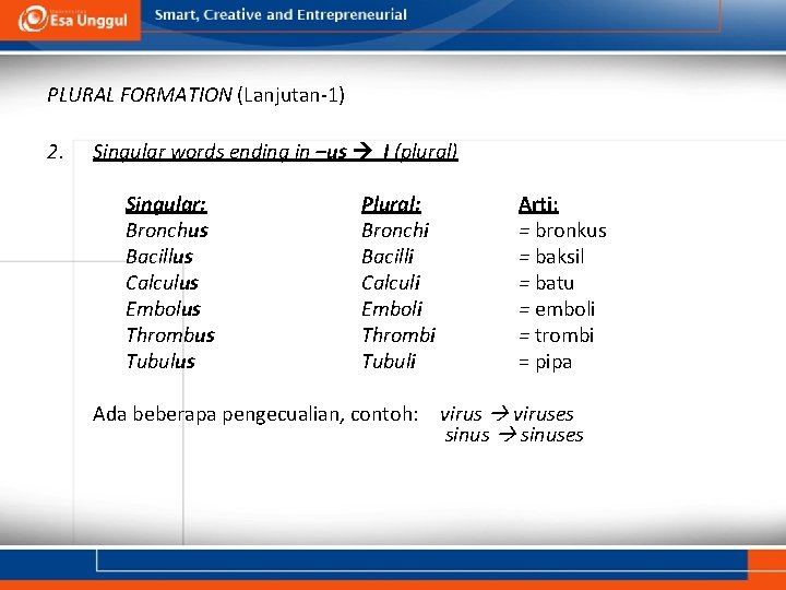 PLURAL FORMATION (Lanjutan-1) 2. Singular words ending in –us I (plural) Singular: Bronchus Bacillus