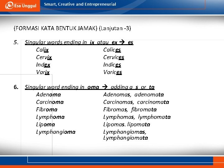 (FORMASI KATA BENTUK JAMAK) (Lanjutan -3) 5. Singular words ending in ix atau ex