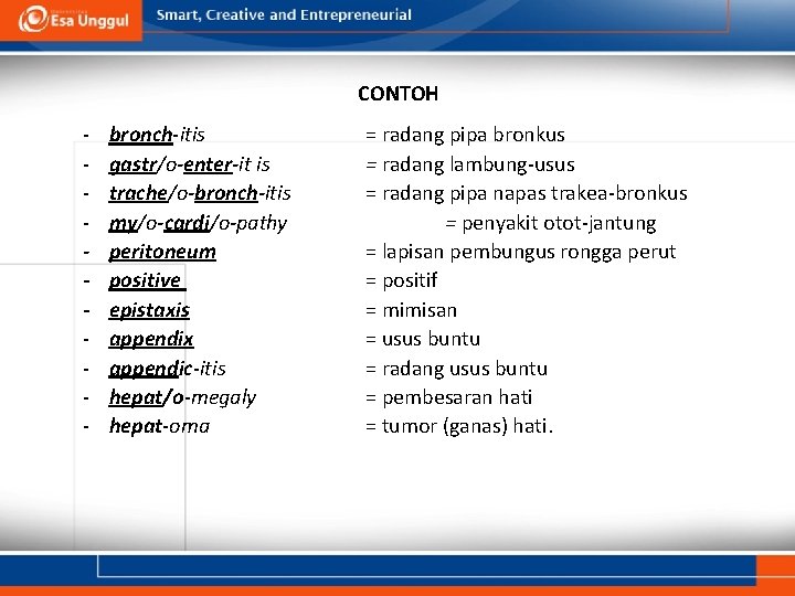 CONTOH - bronch-itis gastr/o-enter-it is trache/o-bronch-itis my/o-cardi/o-pathy peritoneum positive epistaxis appendix appendic-itis hepat/o-megaly hepat-oma