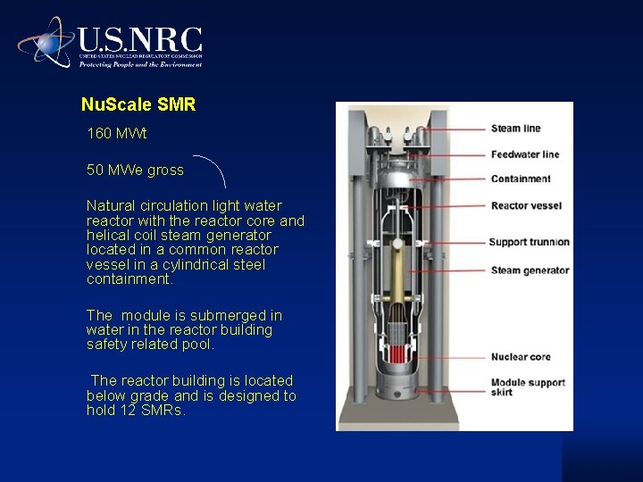 Nu. Scale SMR 160 MWt 50 MWe gross Natural circulation light water reactor with Nu. Scale SMR 160 MWt 50 MWe gross Natural circulation light water reactor with
