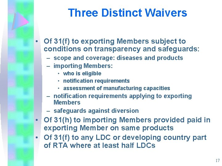 Three Distinct Waivers • Of 31(f) to exporting Members subject to conditions on transparency